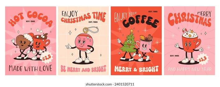 Funny Retro Cartoon Weihnachtsfiguren in groovy 50s, 60s, 70s Vintage Style. Schönes neues Jahr Maskottchen mit heißem Kaffee, Kakao, Lebkuchen, Kuchen, Santa, Geschenk. Xmas Vintage-Charaktere.