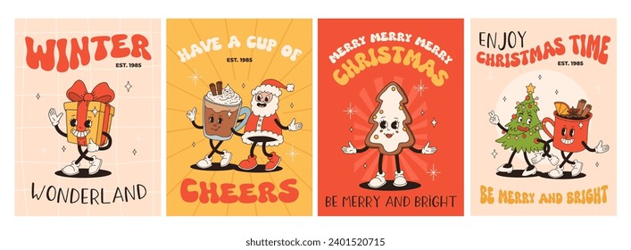 Funny Retro cartoon Christmas characters in groovy 50s, 60s, 70s Vintage Style. Happy new year mascot with hot coffee, cocoa, gingerbread, cupcake, santa, present. Xmas vintage characters.