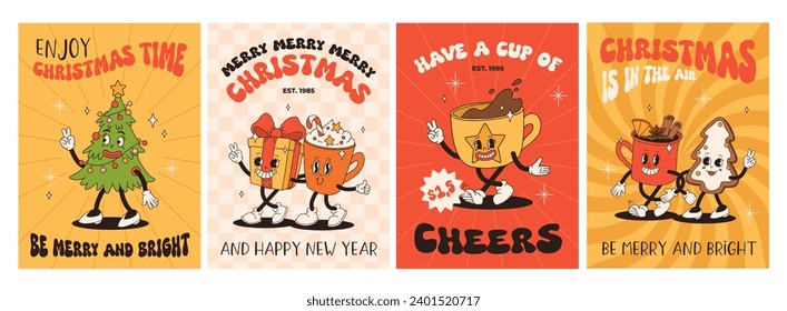 Caricatura divertida Retro personajes de Navidad en groovy estilo de época de los años 50, 60 y 70. Feliz año nuevo mascota con café caliente, cacao, pan de jengibre, bizcocho, santa, regalo. Personajes antiguos de Navidad.