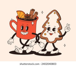Funny Retro cartoon Christmas characters in groovy 50s, 60s, 70s Vintage Style. Happy new year mascot with hot coffee, cocoa, gingerbread, cupcake, santa, present. Xmas vintage characters.