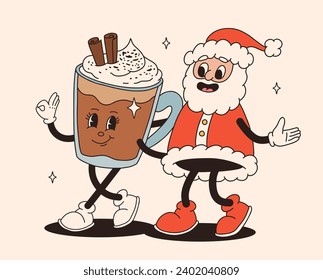 Funny Retro Cartoon Weihnachtsfiguren in groovy 50s, 60s, 70s Vintage Style. Schönes neues Jahr Maskottchen mit heißem Kaffee, Kakao, Lebkuchen, Kuchen, Santa, Geschenk. Xmas Vintage-Charaktere.