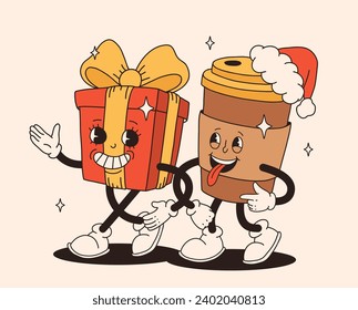 Funny Retro cartoon Christmas characters in groovy 50s, 60s, 70s Vintage Style. Happy new year mascot with hot coffee, cocoa, gingerbread, cupcake, santa, present. Xmas vintage characters.