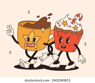 Funny Retro cartoon Christmas characters in groovy 50s, 60s, 70s Vintage Style. Happy new year mascot with hot coffee, cocoa, gingerbread, cupcake, santa, present. Xmas vintage characters.