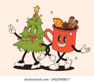 Caricatura divertida Retro personajes de Navidad en groovy estilo de época de los años 50, 60 y 70. Feliz año nuevo mascota con café caliente, cacao, pan de jengibre, bizcocho, santa, regalo. Personajes antiguos de Navidad.