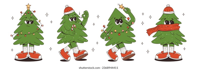 Fantastische Retro-Cartoon-Weihnachtsbaumfiguren im trendigen Groovy-Stil. Bierbaum in verschiedenen Posen. 60-70-er-Vibes Set. Frohe Weihnachten und glückliches neues Jahr. Vektorgrafik.