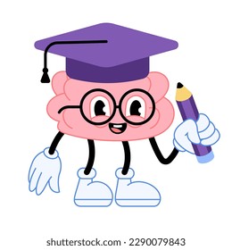 Funny retro cartoon comic pink human brain character sticker drawing on white background. Smart brain flat style education concept design for web, banner, poster. Cute vector hand drawn illustration.