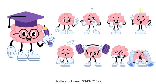 Gracioso dibujo de historietas cómicas de dibujos animados de personajes de cerebro humano rosa sobre fondo blanco. Diseño de un concepto de educación inteligente de estilo plano cerebral para web, banner, afiche. Ilustración dibujada a mano por vector de corte.