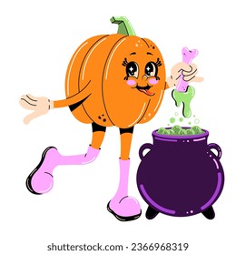 Funny retro cartoon Halloween Pumpkin licking bone potion, witch cauldron . Character in groovy Vintage Style. Happy Autumn mascot with cute pumpkin. Trendy retro cartoon style vector illustration.