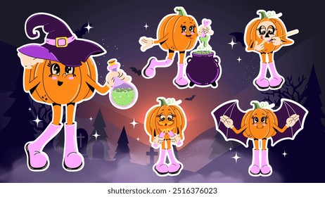 Funny retro cartoon Halloween Pumpkin Character collection in groovy 50s, 60s, 70s Vintage Style. Happy Autumn mascot with cute pumpkin. Trendy retro cartoon style vector illustration.