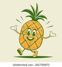 lustige Retro-Cartoon-Illustration einer glücklichen Ananas