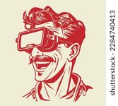 funny retro cartoon illustration of a man wearing VR glasses