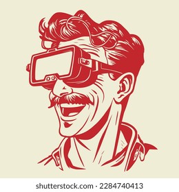 funny retro cartoon illustration of a man wearing VR glasses