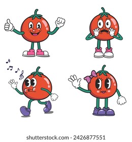 Lustige Retro-Cartoon-Illustration von roten Tomaten mit vielen Posen und Emotionen. Rote Tomate Vintage Cartoon mit Handschuhen und Schuhen, den Daumen hoch geben, Hand winkend, Angst, zu Fuß, lächelnd und singend.