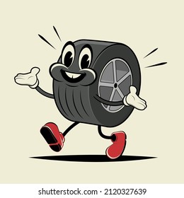 funny retro cartoon illustration of a tire