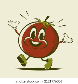 funny retro cartoon illustration of a walking tomato