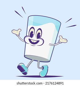 funny retro cartoon illustration of a walking glass of milk