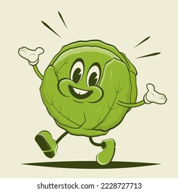 funny retro cartoon illustration of a walking lettuce