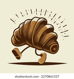 funny retro cartoon illustration of a walking croissant