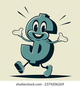 funny retro cartoon illustration of a walking dollar sign