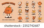 Funny Retro cartoon Pumpkin Character in groovy 50s, 60s, 70s Vintage Style. Happy Autumn mascot with pumpkin spice latte, pumpkin pie, pudding, cake, cupcake, waffles, donut and coffee.