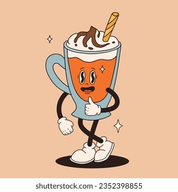Funny Retro cartoon Pumpkin Character in groovy 50s, 60s, 70s Vintage Style. Happy Autumn mascot with pumpkin spice latte, pumpkin pie, pudding, cake, cupcake, waffles, donut and coffee.