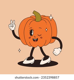 Funny Retro cartoon Pumpkin Character in groovy 50s, 60s, 70s Vintage Style. Happy Autumn mascot with pumpkin spice latte, pumpkin pie, pudding, cake, cupcake, waffles, donut and coffee.