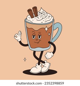 Funny Retro cartoon Pumpkin Character in groovy 50s, 60s, 70s Vintage Style. Happy Autumn mascot with pumpkin spice latte, pumpkin pie, pudding, cake, cupcake, waffles, donut and coffee.