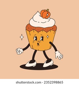 Funny Retro cartoon Pumpkin Character in groovy 50s, 60s, 70s Vintage Style. Happy Autumn mascot with pumpkin spice latte, pumpkin pie, pudding, cake, cupcake, waffles, donut and coffee.