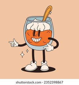 Funny Retro cartoon Pumpkin Character in groovy 50s, 60s, 70s Vintage Style. Happy Autumn mascot with pumpkin spice latte, pumpkin pie, pudding, cake, cupcake, waffles, donut and coffee.