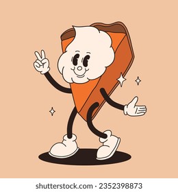 Funny Retro cartoon Pumpkin Character in groovy 50s, 60s, 70s Vintage Style. Happy Autumn mascot with pumpkin spice latte, pumpkin pie, pudding, cake, cupcake, waffles, donut and coffee.