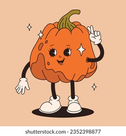 Funny Retro cartoon Pumpkin Character in groovy 50s, 60s, 70s Vintage Style. Happy Autumn mascot with pumpkin spice latte, pumpkin pie, pudding, cake, cupcake, waffles, donut and coffee.