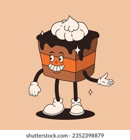 Funny Retro cartoon Pumpkin Character in groovy 50s, 60s, 70s Vintage Style. Happy Autumn mascot with pumpkin spice latte, pumpkin pie, pudding, cake, cupcake, waffles, donut and coffee.