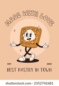 Funny Retro cartoon Pumpkin Character in groovy 50s, 60s, 70s Vintage Style. Happy Autumn mascot with pumpkin spice latte, pumpkin pie, pudding, cake, cupcake, waffles, donut and coffee.