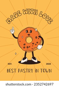 Funny Retro cartoon Pumpkin Character in groovy 50s, 60s, 70s Vintage Style. Happy Autumn mascot with pumpkin spice latte, pumpkin pie, pudding, cake, cupcake, waffles, donut and coffee.