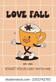 Funny Retro cartoon Pumpkin Character in groovy 50s, 60s, 70s Vintage Style. Happy Autumn mascot with pumpkin spice latte, pumpkin pie, pudding, cake, cupcake, waffles, donut and coffee.