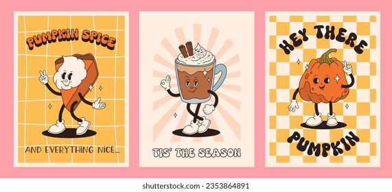 Funny Retro cartoon Pumpkin Character in groovy 50s, 60s, 70s Vintage Style. Happy Autumn mascot with pumpkin spice latte, pumpkin pie, pudding, cake, cupcake, waffles, donut and coffee.