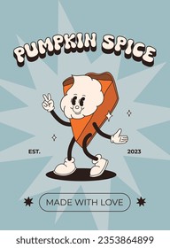 Funny Retro cartoon Pumpkin Character in groovy 50s, 60s, 70s Vintage Style. Happy Autumn mascot with pumpkin spice latte, pumpkin pie, pudding, cake, cupcake, waffles, donut and coffee.