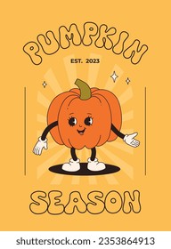 Funny Retro cartoon Pumpkin Character in groovy 50s, 60s, 70s Vintage Style. Happy Autumn mascot with pumpkin spice latte, pumpkin pie, pudding, cake, cupcake, waffles, donut and coffee.