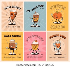 Funny Retro cartoon Pumpkin Character in groovy 50s, 60s, 70s Vintage Style. Happy Autumn mascot with pumpkin spice latte, pumpkin pie, pudding, cake, cupcake, waffles, donut and coffee.