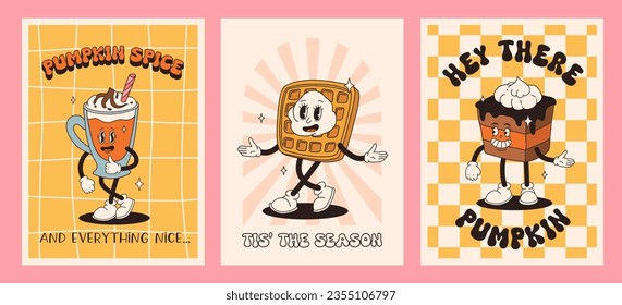 Funny Retro cartoon Pumpkin Character in groovy 50s, 60s, 70s Vintage Style. Happy Autumn mascot with pumpkin spice latte, pumpkin pie, pudding, cake, cupcake, waffles, donut and coffee.