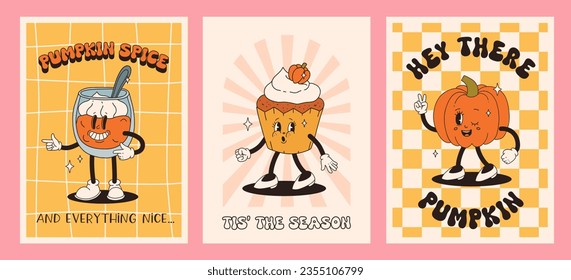 Funny Retro cartoon Pumpkin Character in groovy 50s, 60s, 70s Vintage Style. Happy Autumn mascot with pumpkin spice latte, pumpkin pie, pudding, cake, cupcake, waffles, donut and coffee.