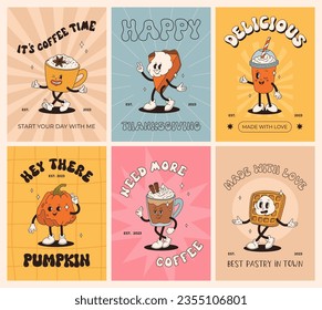 Funny Retro cartoon Pumpkin Character in groovy 50s, 60s, 70s Vintage Style. Happy Autumn mascot with pumpkin spice latte, pumpkin pie, pudding, cake, cupcake, waffles, donut and coffee.