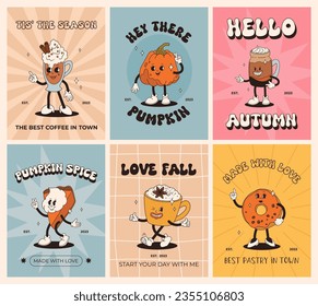 Funny Retro cartoon Pumpkin Character in groovy 50s, 60s, 70s Vintage Style. Happy Autumn mascot with pumpkin spice latte, pumpkin pie, pudding, cake, cupcake, waffles, donut and coffee.