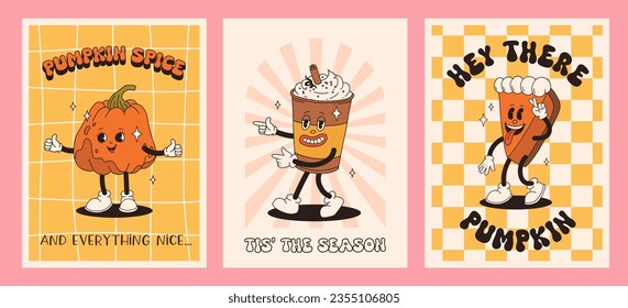 Funny Retro cartoon Pumpkin Character in groovy 50s, 60s, 70s Vintage Style. Happy Autumn mascot with pumpkin spice latte, pumpkin pie, pudding, cake, cupcake, waffles, donut and coffee.