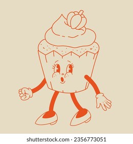 Funny Retro cartoon Pumpkin Character in groovy 50s, 60s, 70s Vintage Style. Happy Autumn mascot with pumpkin spice latte, pumpkin pie, pudding, cake, cupcake, waffles, donut and coffee.