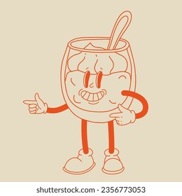 Funny Retro cartoon Pumpkin Character in groovy 50s, 60s, 70s Vintage Style. Happy Autumn mascot with pumpkin spice latte, pumpkin pie, pudding, cake, cupcake, waffles, donut and coffee.