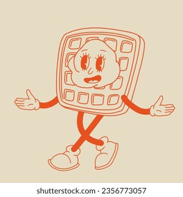 Funny Retro cartoon Pumpkin Character in groovy 50s, 60s, 70s Vintage Style. Happy Autumn mascot with pumpkin spice latte, pumpkin pie, pudding, cake, cupcake, waffles, donut and coffee.