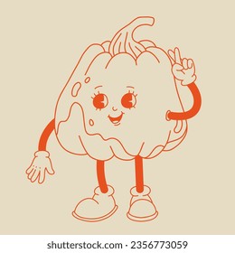 Funny Retro cartoon Pumpkin Character in groovy 50s, 60s, 70s Vintage Style. Happy Autumn mascot with pumpkin spice latte, pumpkin pie, pudding, cake, cupcake, waffles, donut and coffee.