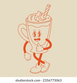 Funny Retro cartoon Pumpkin Character in groovy 50s, 60s, 70s Vintage Style. Happy Autumn mascot with pumpkin spice latte, pumpkin pie, pudding, cake, cupcake, waffles, donut and coffee.