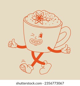 Funny Retro cartoon Pumpkin Character in groovy 50s, 60s, 70s Vintage Style. Happy Autumn mascot with pumpkin spice latte, pumpkin pie, pudding, cake, cupcake, waffles, donut and coffee.